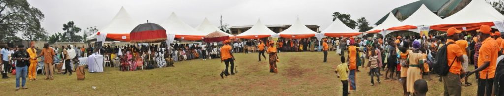 Panorama of the afternoon community meeting (durbar) at the Catholic Community Park at Abor (Credit Tessa Smit)