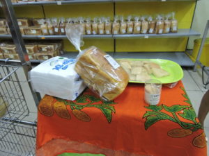 A display setup of OFSP bread at a Tuskys store during the survey